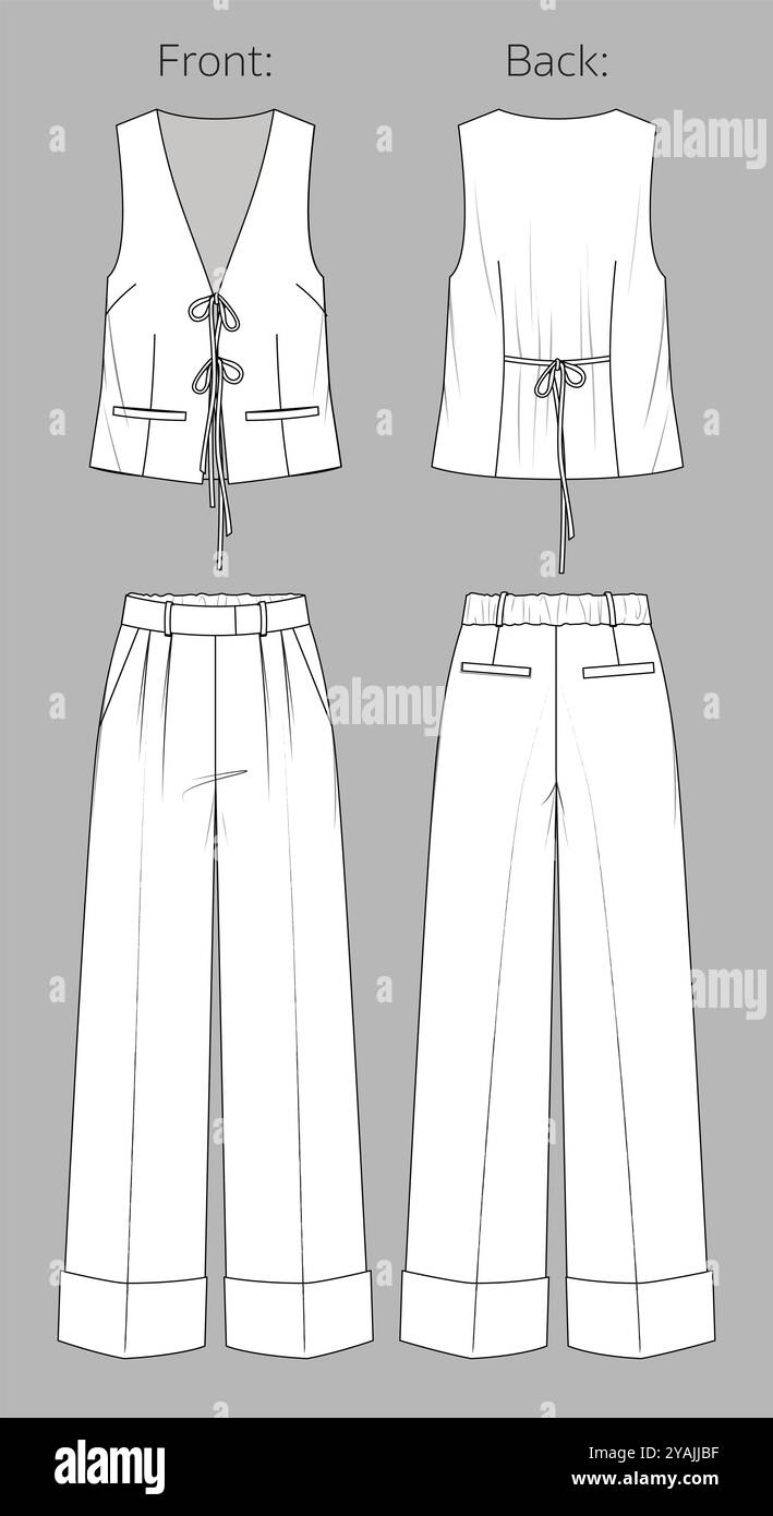 Pantalon Vector à jambe large et gilet dessin technique, pantalon palazzo tailleur avec poches avant et chemisier sans manches mode CAD, croquis, modèle. Wove Illustration de Vecteur
