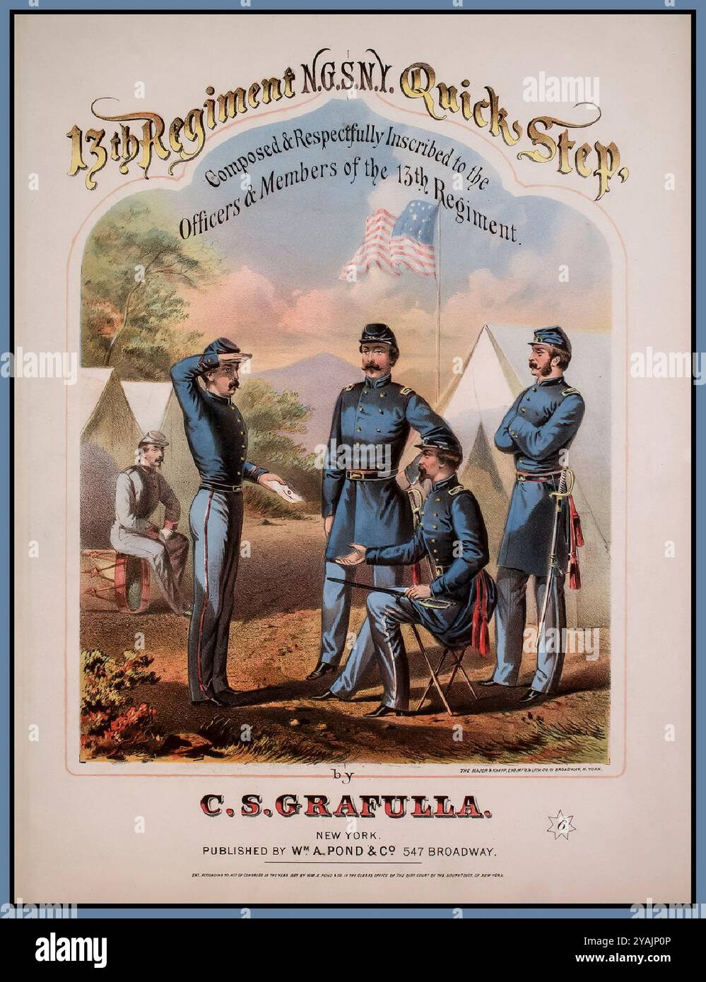 Le 13th Regiment Quick Step est une œuvre musicale remarquable composée par Claudio S. Grafulla en 1867. Cette pièce est associée au 13e régiment de New York, souvent lié à l'armée de l'Union pendant la guerre de Sécession. La partition a été publiée par WM. A. Pond & Co., éditeur de musique de premier plan à New York à cette époque. La couverture de la partition comportait généralement des thèmes militaires, qui étaient populaires pendant la guerre de Sécession. Banque D'Images