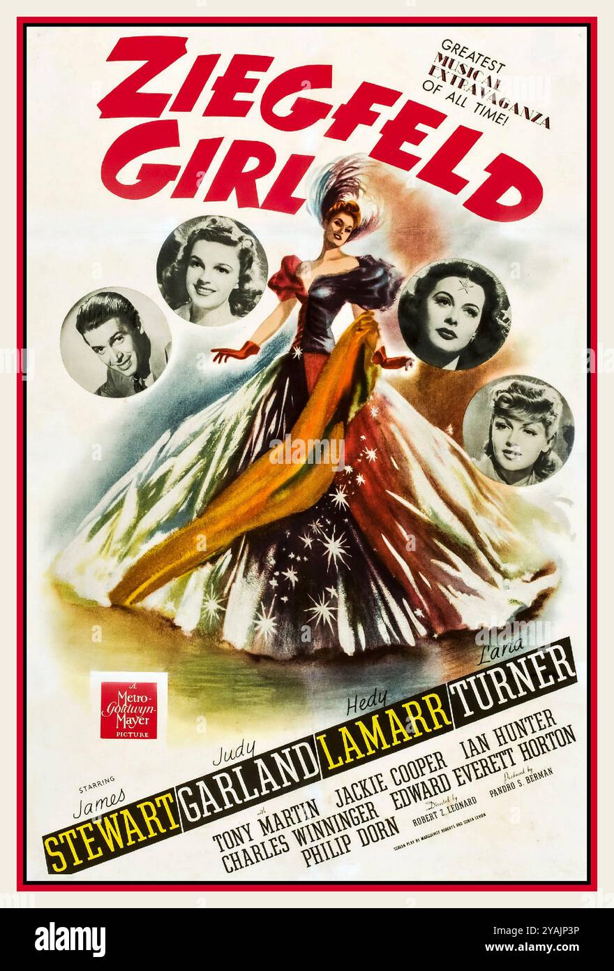 ZIEGFELD GIRL affiche de film vintage pour le film Ziegfeld Girl de 1941. Avec James Stewart Judy Garland Hedy Lamar Lana Turner réalisé par Robert Z Leonard Ziegfeld Girl est un film musical américain réalisé par Robert Z. Leonard en 1941 et mettant en vedette James Stewart, Judy Garland, Hedy Lamarr, Lana Turner, Tony Martin, Jackie Cooper, Eve Arden et Philip Dorn. Le film, qui met en vedette des numéros musicaux de Busby Berkeley, a été produit par Metro-Goldwyn-Mayer. Situé dans les années 1920, le film raconte les histoires parallèles de trois femmes qui deviennent des interprètes dans le célèbre spectacle de Broadway les Ziegfeld Follies. Banque D'Images