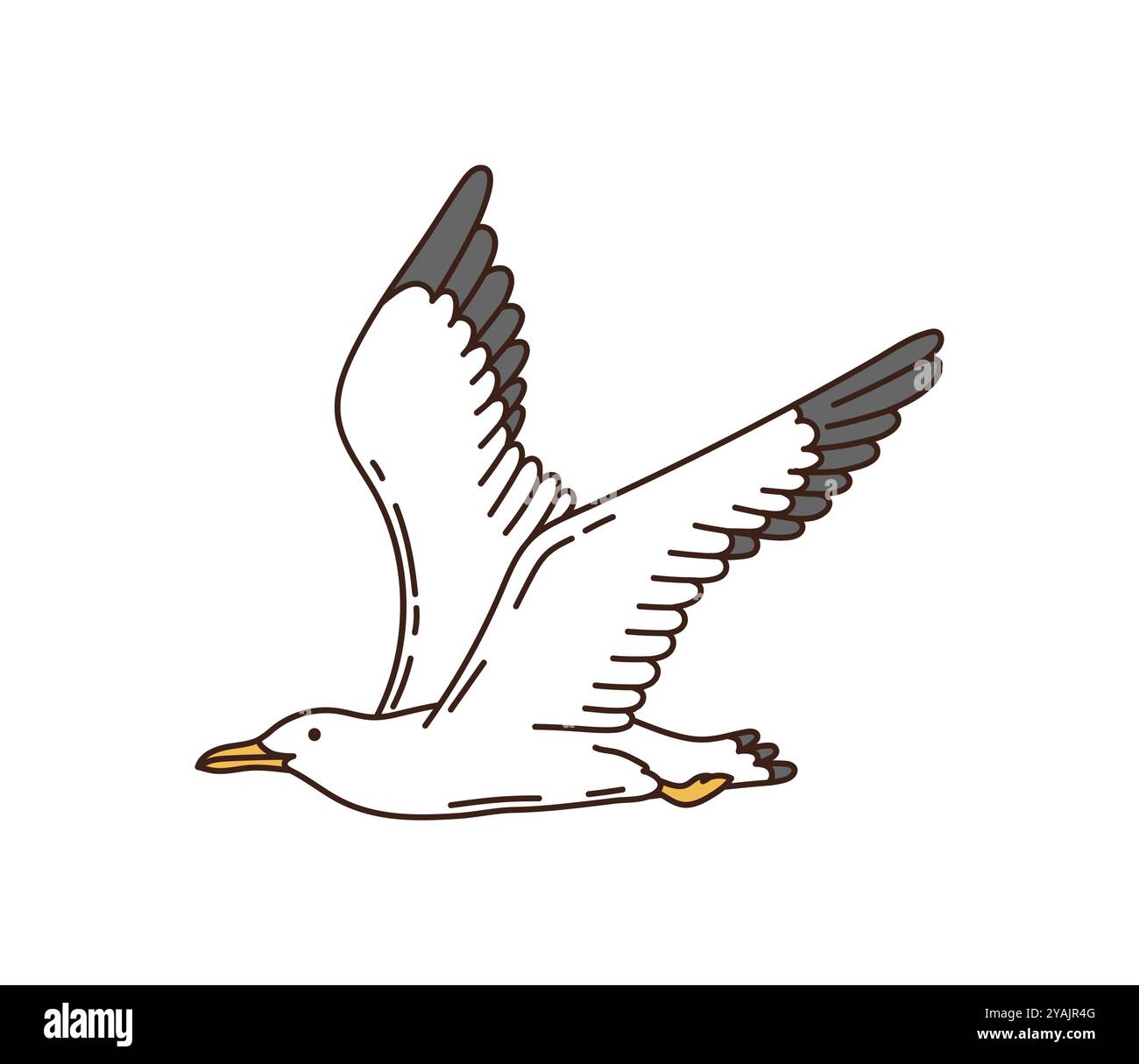 Mouette groovy de dessin animé, vecteur isolé gracieux et oiseau libre avec des plumes blanches, des extrémités d'aile grises et un bec jaune s'élève à mi-vol avec des ailes étendues large, créant un sentiment de liberté et de mouvement Illustration de Vecteur
