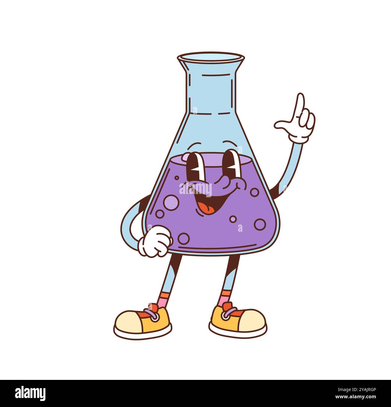 Personnage de flacon chimique groovy. Rétro éducation scolaire bécher liquide bullant violet et expression heureuse, favorisant la science de la chimie et des environnements d'apprentissage ludiques dans une approche amusante et engageante Illustration de Vecteur