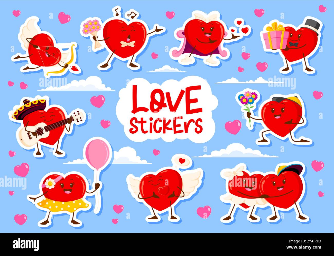 Valentine Love Heart stickers Vector Set. Patchs adhésifs de Saint-Valentin sur le thème de l'amour mignons de dessin animé avec des personnages joyeux et affectueux de cœur engagés dans des activités romantiques sur fond bleu ciel nuageux Illustration de Vecteur