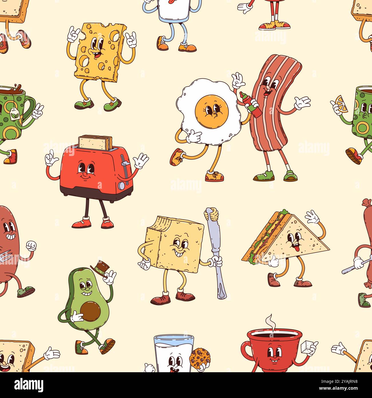 Motif sans couture des personnages de petit-déjeuner groovy. Fond de tuile de vecteur avec bacon rétro drôle, oeuf, pain grillé, beurre, sandwich, grille-pain et tasses à thé ou à café avec tranche de fromage montrant des expressions joyeuses Illustration de Vecteur