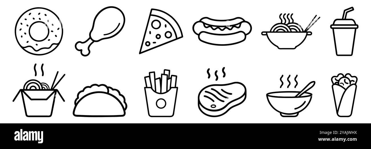 Jeu d'icônes de ligne plate de malbouffe. Hamburger, snacks rapides, sandwich, frites, hot dog, burrito mexicain, illustrations vectorielles de pizza. Signes minces pour resta Illustration de Vecteur