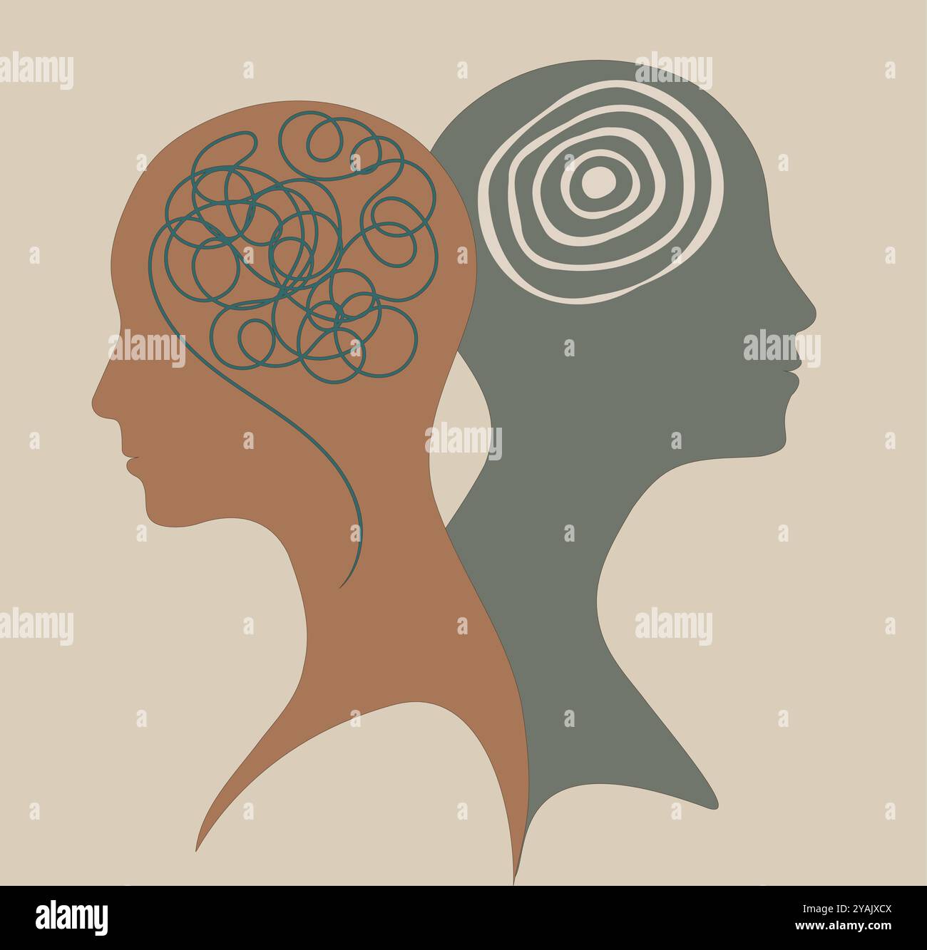 Silhouette de 2 têtes. Métaphore trouble bipolaire mental. Double face avec enchevêtrement et démêlement du cerveau. Concept trouble de l'humeur. La santé mentale. Diviser Illustration de Vecteur