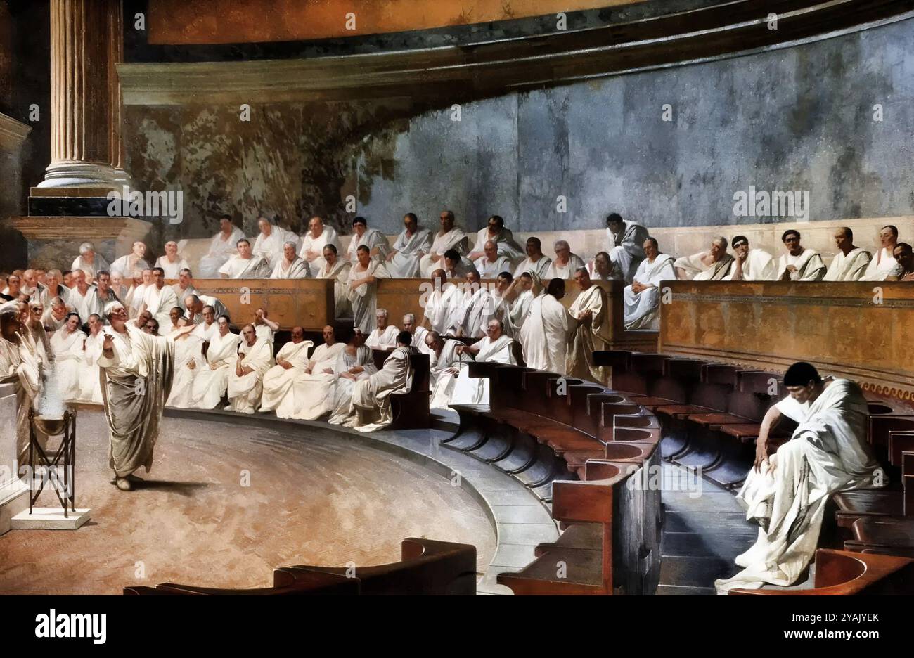 Cesare Maccari. Tableau intitulé Cicéron dénonce Catiline au Sénat romain par le peintre et sculpteur italien Cesare Maccari (1840-1919), fresque du Palazzo Madama, Rome, 1889 Banque D'Images