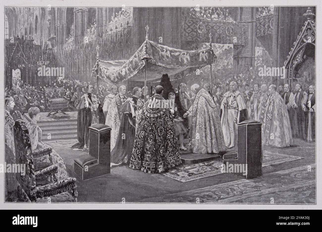 Couronnement du roi George V. L'archevêque de Cantorbéry oint le monarque des paumes des deux mains. Londres. 1911 le roi George vient de prêter le serment solennel sur la Bible ; à l'autel. Tête nue, il est venu s'asseoir à la chaire de Saint-Édouard. Quatre chevaliers de la Jarretière élèvent au-dessus de lui la verrière de tissu d'or. Le doyen de Westminster prit la miraculeuse ampoule Sainte de Thomas Becket et la cuillère dorée dans laquelle il versa un peu de l'huile sacrée avant de la remettre à l'évêque de Cantorbéry. Ce dernier oint alors le monarque en forme de croix sur la tête, la poitrine et les paumes de Banque D'Images