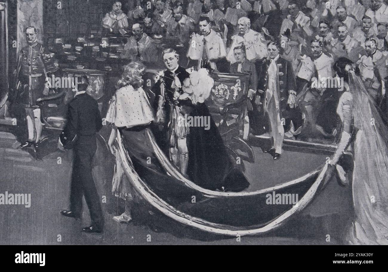 Couronnement du roi George V. avant la cérémonie. - L'arrivée des entrants royaux : la princesse Marie salue le prince de Galles, son frère. Londres. 1911 cérémonie de Westminster. Le jeudi 22 juin, le roi George V et la reine Mary sont couronnés à Westminster. Ce fut une cérémonie merveilleuse et un spectacle merveilleux, fidèlement évoqués dans nos dessins par les plus beaux artistes qui y ont assisté. Banque D'Images