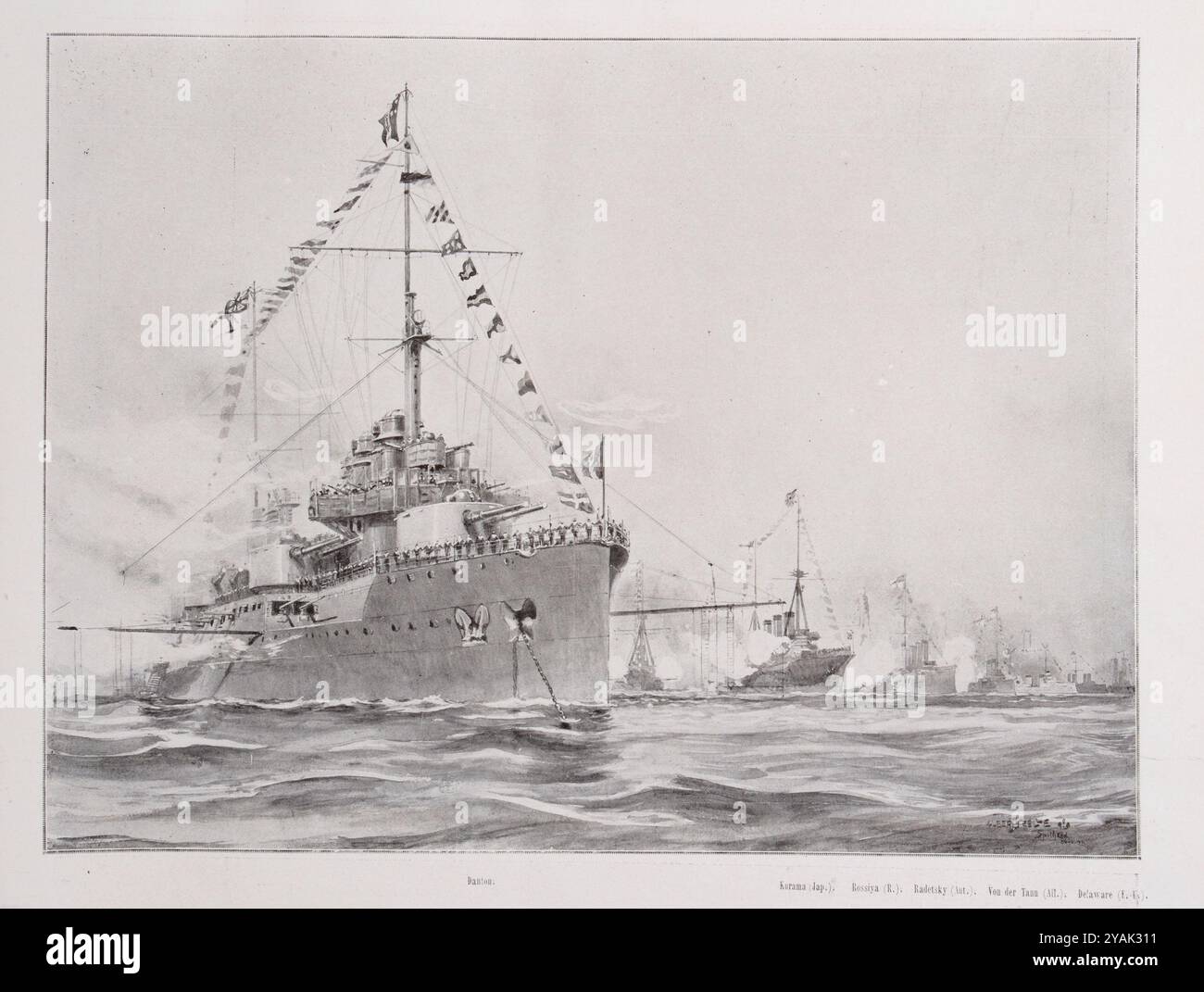 Couronnement du roi George V. la revue navale du couronnement. Le représentant français à la revue navale Spithead. - Le salut du «Danton» alors que le yacht royal quitte le port de Portsmouth. 1911 le «Danton» arborait le drapeau du vice-amiral de Marolles. Le salut réglementaire consistait à tirer autant de coups que possible à partir des canons de petit calibre pendant une période d'une minute et quarante secondes. Banque D'Images