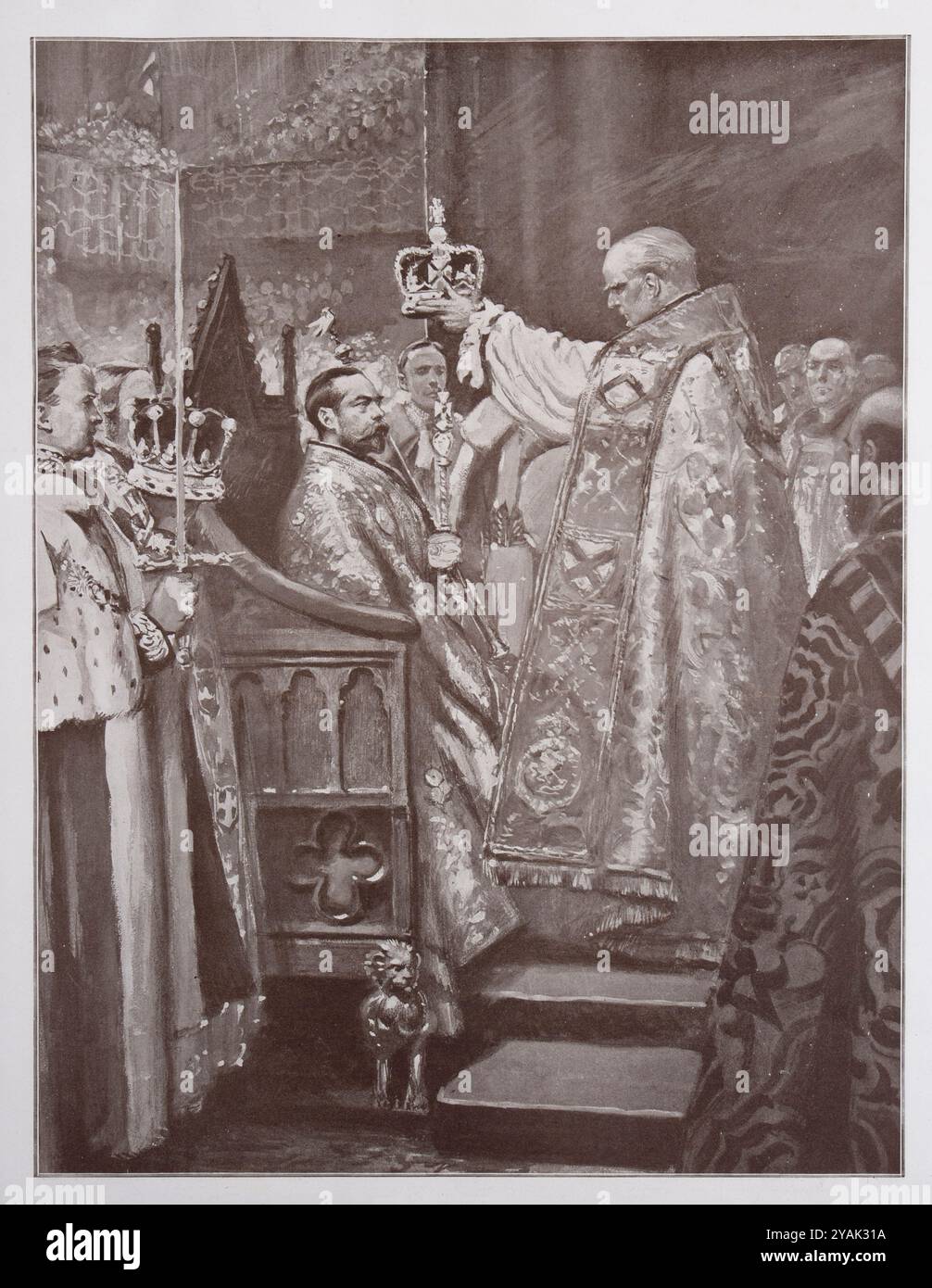 Le couronnement de George V. L'archevêque de Cantorbéry place la couronne sur la tête du roi. Londres. 1911 le moment où l'archevêque de Cantorbéry pose la couronne sur la tête du roi, emblème le plus symbolique du pouvoir souverain, est le moment suprême de la cérémonie. Le roi a pris sa place à la chaire de Saint Édouard le Confesseur. Dans les deux mains, il tient les deux sceptres, celui portant la croix en haut et celui surmonté de la colombe pacifique. Banque D'Images