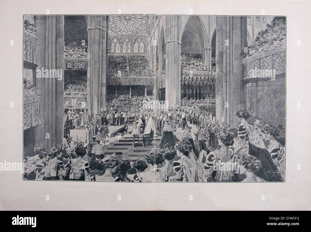 Le couronnement de George V à Westminster. L'hommage : le prince de Galles, le premier de ses sujets, se prosterne devant le roi son père. Londres. 1911 L'hommage rendu au Roi est l'acte le plus important de la deuxième partie de la cérémonie de Westminster. Le roi, qui vient de recevoir la couronne, a pris place sur le trône qui occupe le milieu du « théâtre », une plate-forme de cinq marches de haut, à la jonction de la nef et des transepts. Le premier, l'archevêque de Cantorbéry, en tant que primat, s'agenouilla devant lui et prononçant une formule répétée à haute voix par tous les prélats présents, Banque D'Images