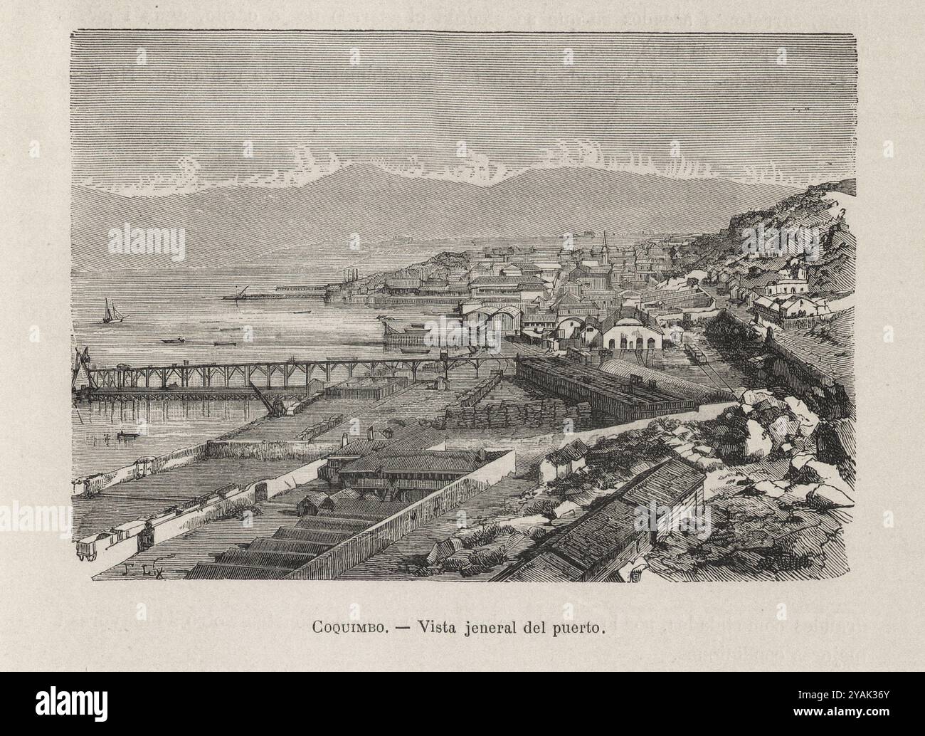 Coquimbo du XIXe siècle. Illustration vintage de vue générale du port. Chili. 1872 Coquimbo est une ville portuaire, commune et capitale de la province d'Elqui, située sur la route panaméricaine, dans la région de Coquimbo au Chili. Banque D'Images