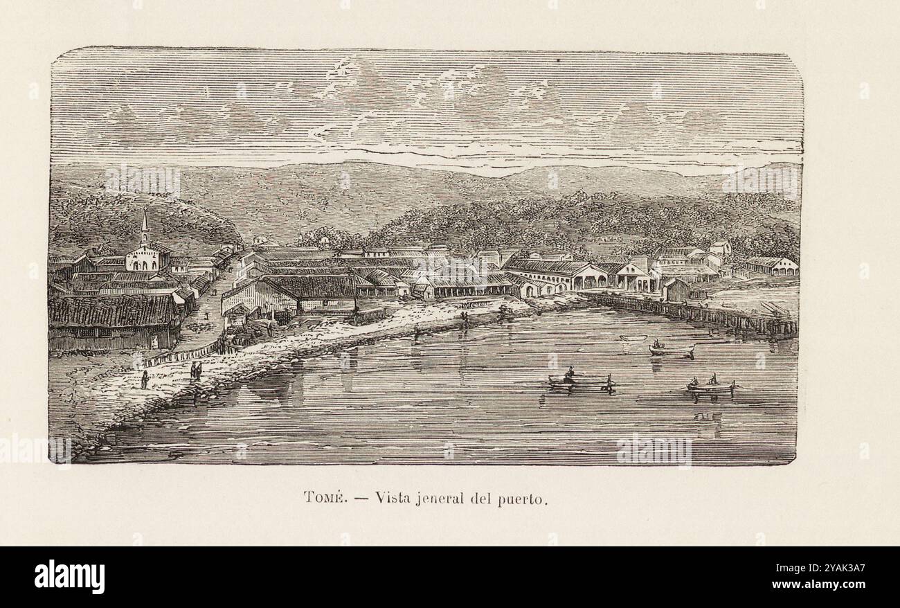 Tomé du XIXe siècle. Illustration vintage de vue générale du port. Chili. 1872 Tomé est une ville portuaire et commune de la région de Biobío au Chili. Il est bordé par Coelemu au nord, Ránquil et la Floride à l'est, Penco au sud et l'océan Pacifique à l'ouest. L'économie locale repose principalement sur la fabrication textile et l'industrie de la pêche. Banque D'Images