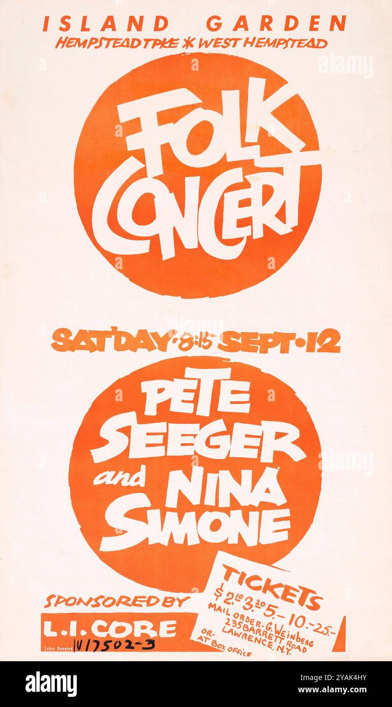 Folk concert, Nina Simone, Pete Seeger - 1964 long Island, New York - affiche de concert vintage Banque D'Images