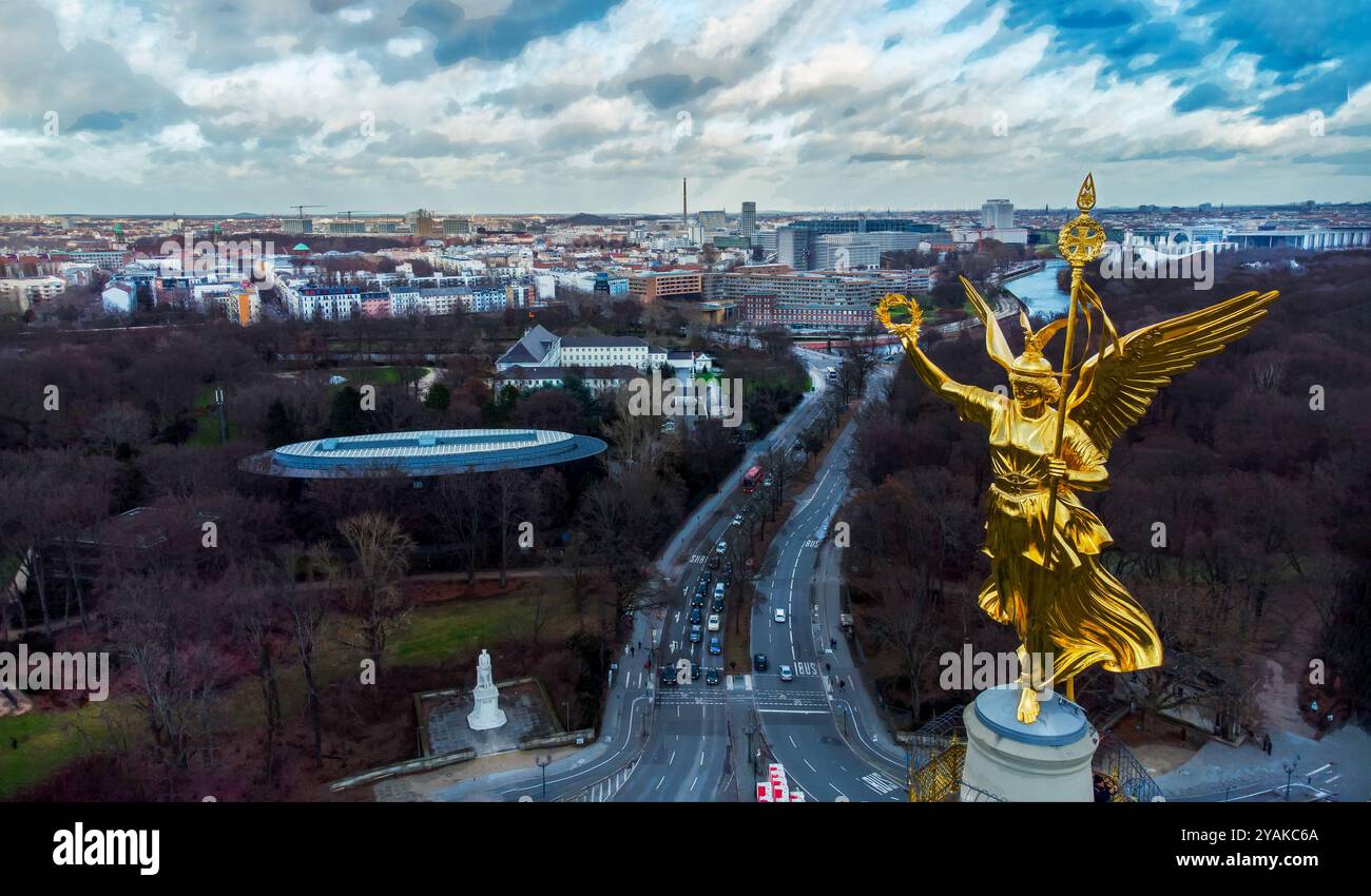 Drone point de vue sur Statue sur colonne victoire, Bureau du Président fédéral Berlin et Schloss Bellevue (Grand, résidence présidentielle classique Banque D'Images