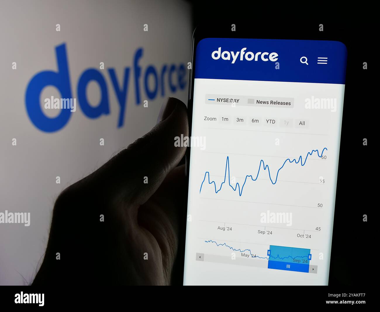 Personne tenant le téléphone portable avec le site Web de la société américaine de logiciels HRM Dayforce Inc sur l'écran devant le logo. Concentrez-vous sur le centre de l'écran du téléphone. Banque D'Images