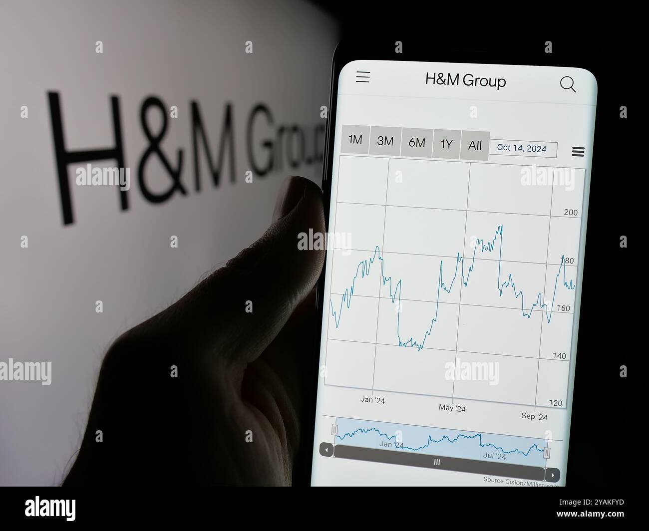 Personne tenant smartphone avec page web de la société de mode suédoise H M Hennes Mauritz AB sur écran avec logo. Concentrez-vous sur le centre de l'écran du téléphone. Banque D'Images