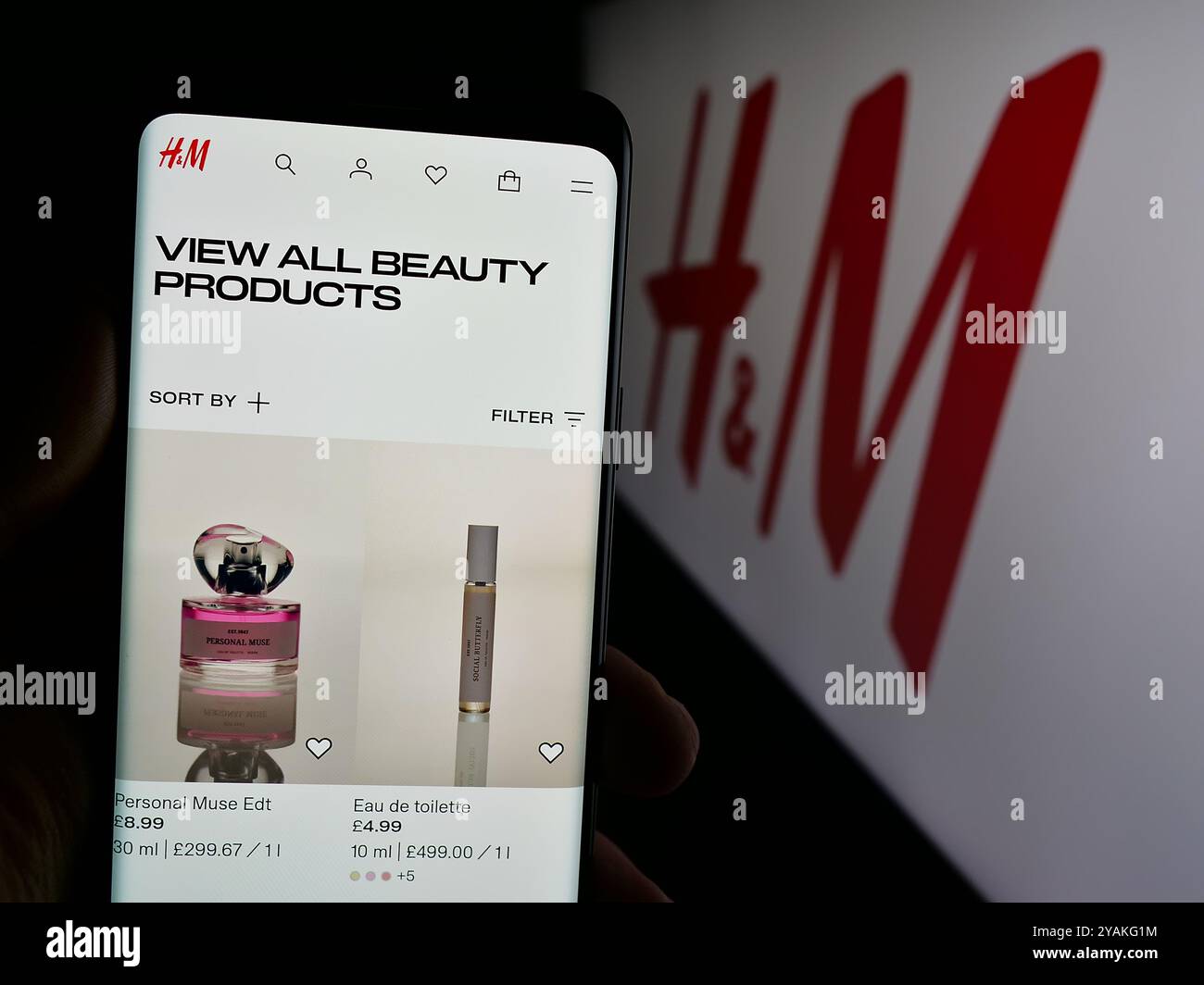 Personne tenant le smartphone avec la page Web de la société de mode suédoise H et M (HM) sur l'écran devant le logo. Concentrez-vous sur le centre de l'écran du téléphone. Banque D'Images