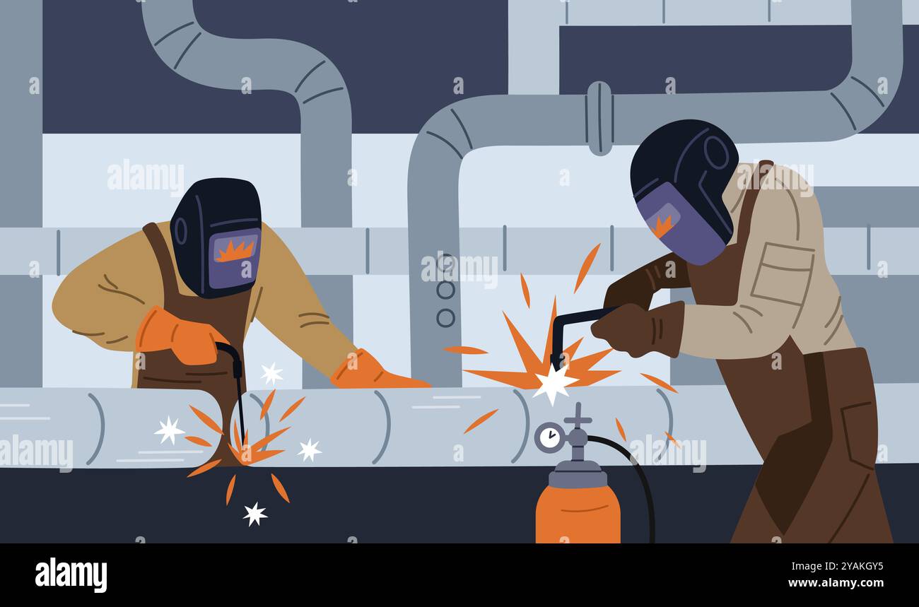 Soudeurs soudent des tuyaux. Professionnels en uniformes et masques de protection. Connexion de structures METALLIQUES. Spécialistes travaillant. Ferronnerie industrielle. Tuyau en acier Illustration de Vecteur