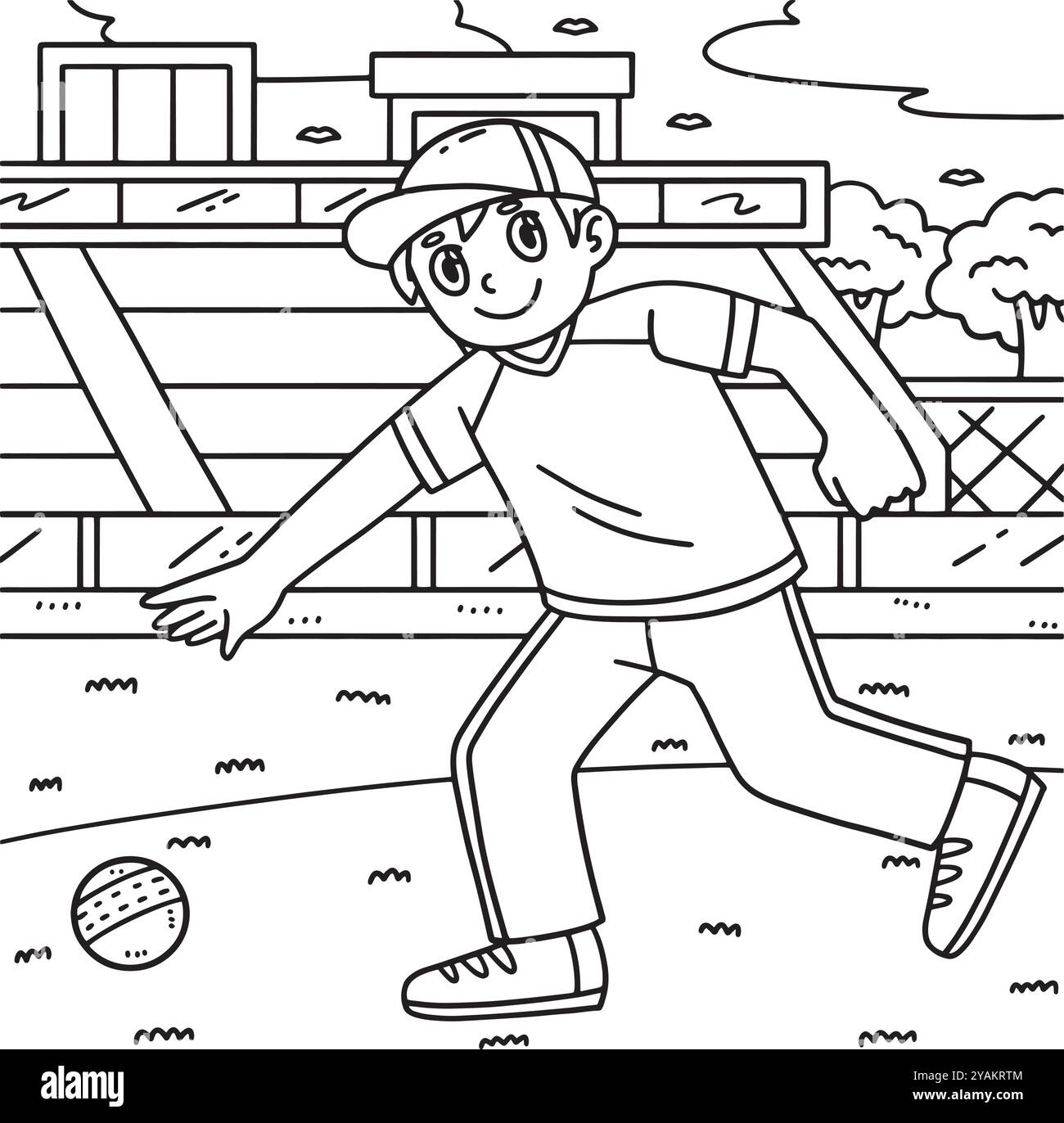 Cricket Fielder ramassant la page de coloriage de balle Illustration de Vecteur