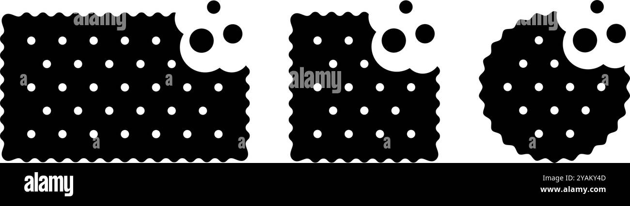 Ensemble d'icônes de craquelin mordu avec des miettes. Biscuits sucrés ou salés de forme ronde, carrée et rectangulaire. Collations croquantes populaires isolées sur fond blanc. Illustration graphique vectorielle. Illustration de Vecteur