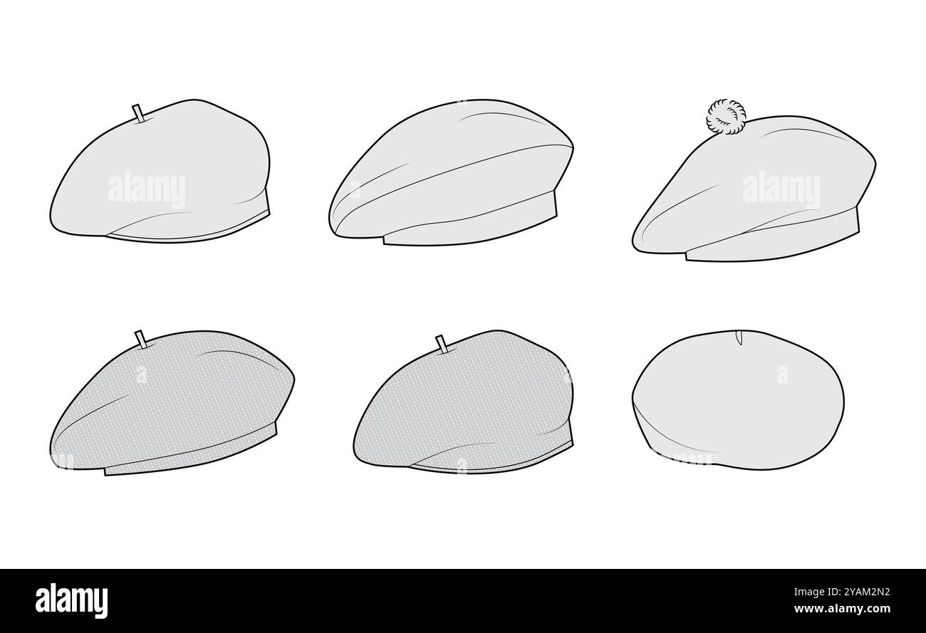 Ensemble de chapeaux Beret - bonnet Balmoral structuré tricoté. Tête mode accessoire casquette accessoire illustration technique des vêtements. Couvre-chef vectoriel pour hommes, style unisexe pour femmes, modèle plat CAD maquette esquisse Illustration de Vecteur