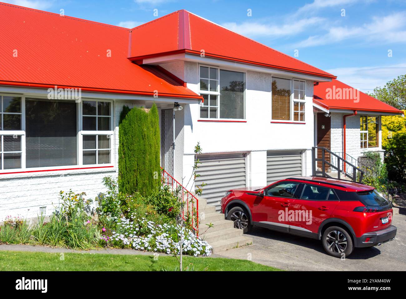 Maison avec jardin et voiture, Parklands Drive, Huntsbury, Christchurch (Ōtautahi), Canterbury, nouvelle-Zélande Banque D'Images