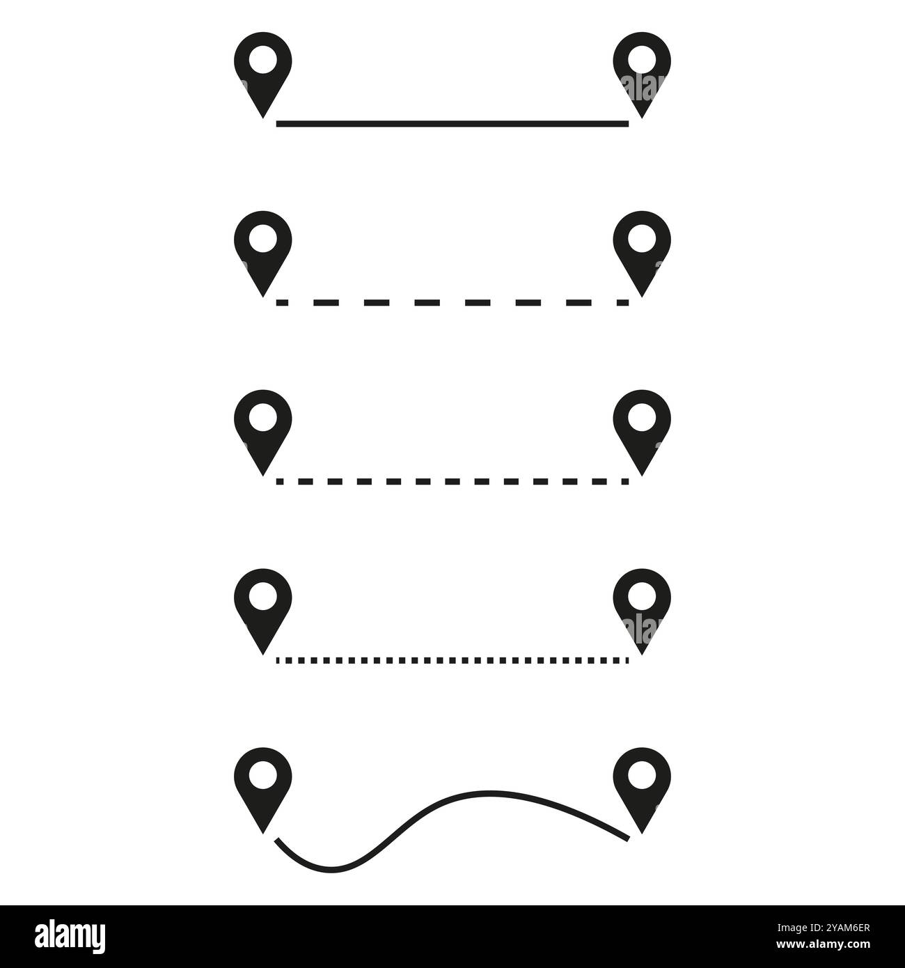 Ensemble d'icônes de marqueur d'emplacement avec des lignes pointillées. Parfait pour les conceptions de navigation et de voyage. Idéal pour les interfaces cartographiques et les interfaces utilisateur. Illustration de Vecteur