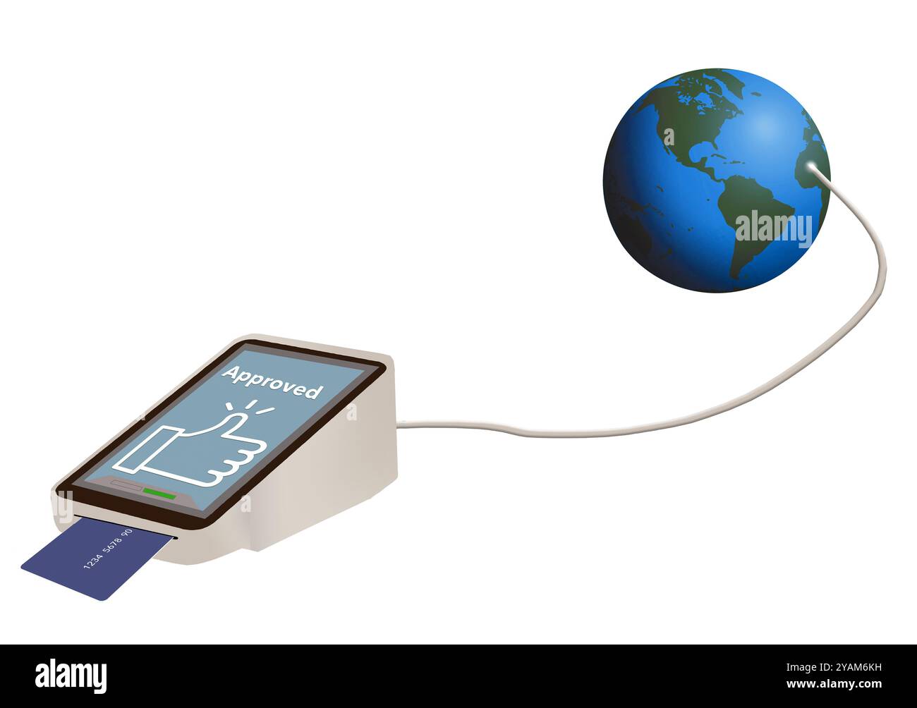 Votre argent est bon partout dans le monde avec cette carte de crédit. Tel est le message de cette illustration 3D sur les cartes de crédit et la technologie. Banque D'Images
