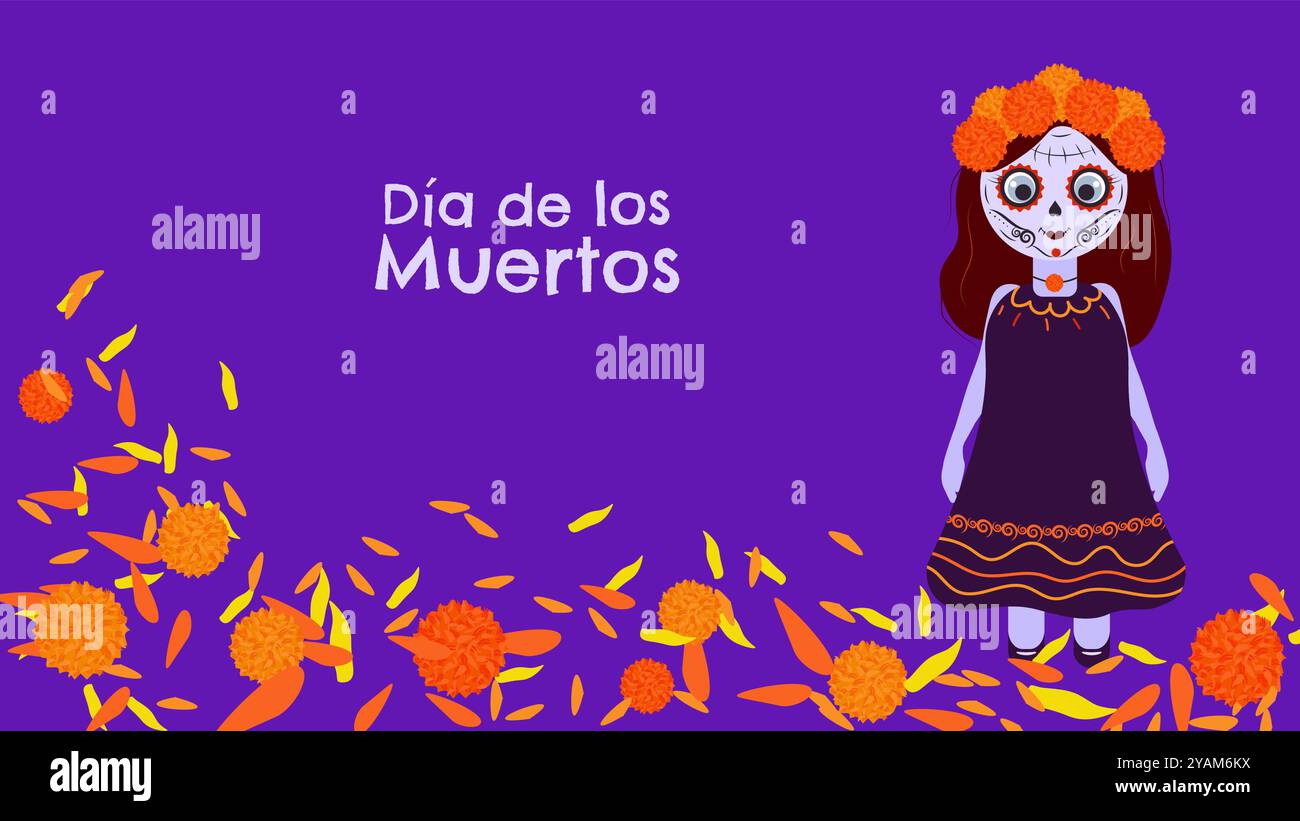 Jour des morts. Dia de Los Muertos. Fête mexicaine traditionnelle honorant les âmes des défunts. Fille et chemin de soucis. Bannière de carte postale design. Vecteur. Illustration de Vecteur