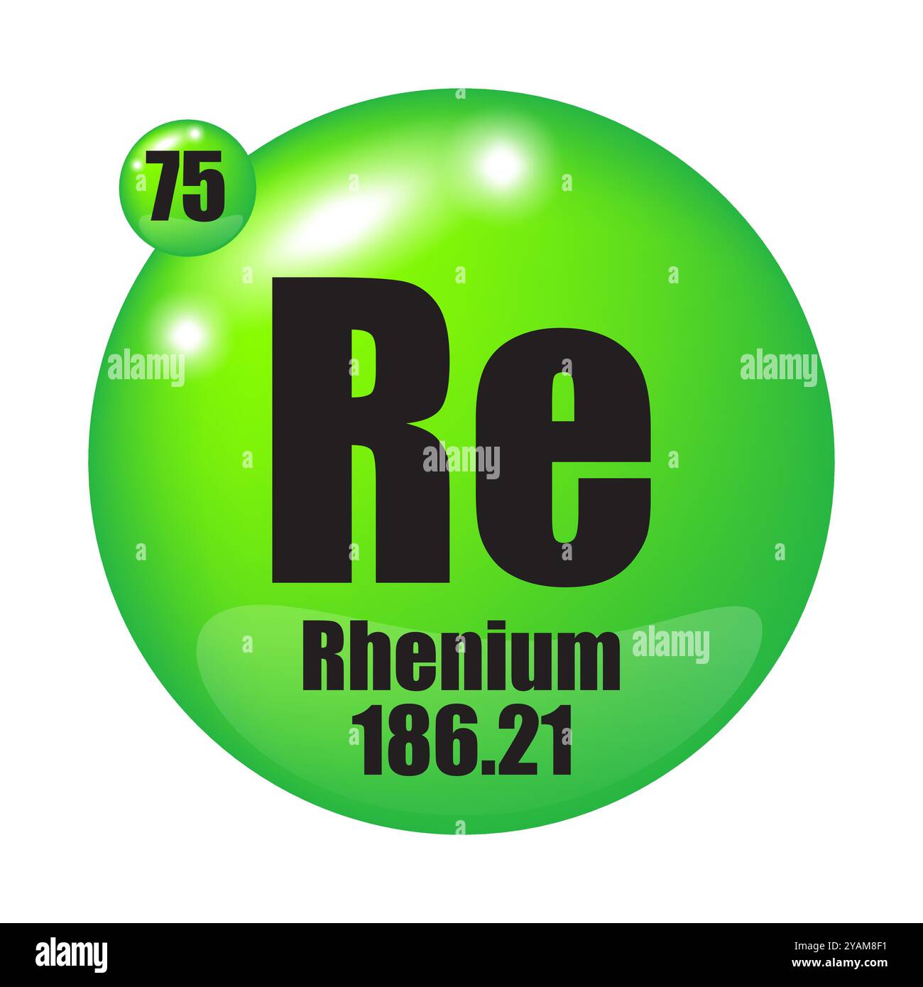 Icône de rhénium. Re élément chimique. Numéro atomique 75. Masse 186.21. Sphère verte. Illustration de Vecteur
