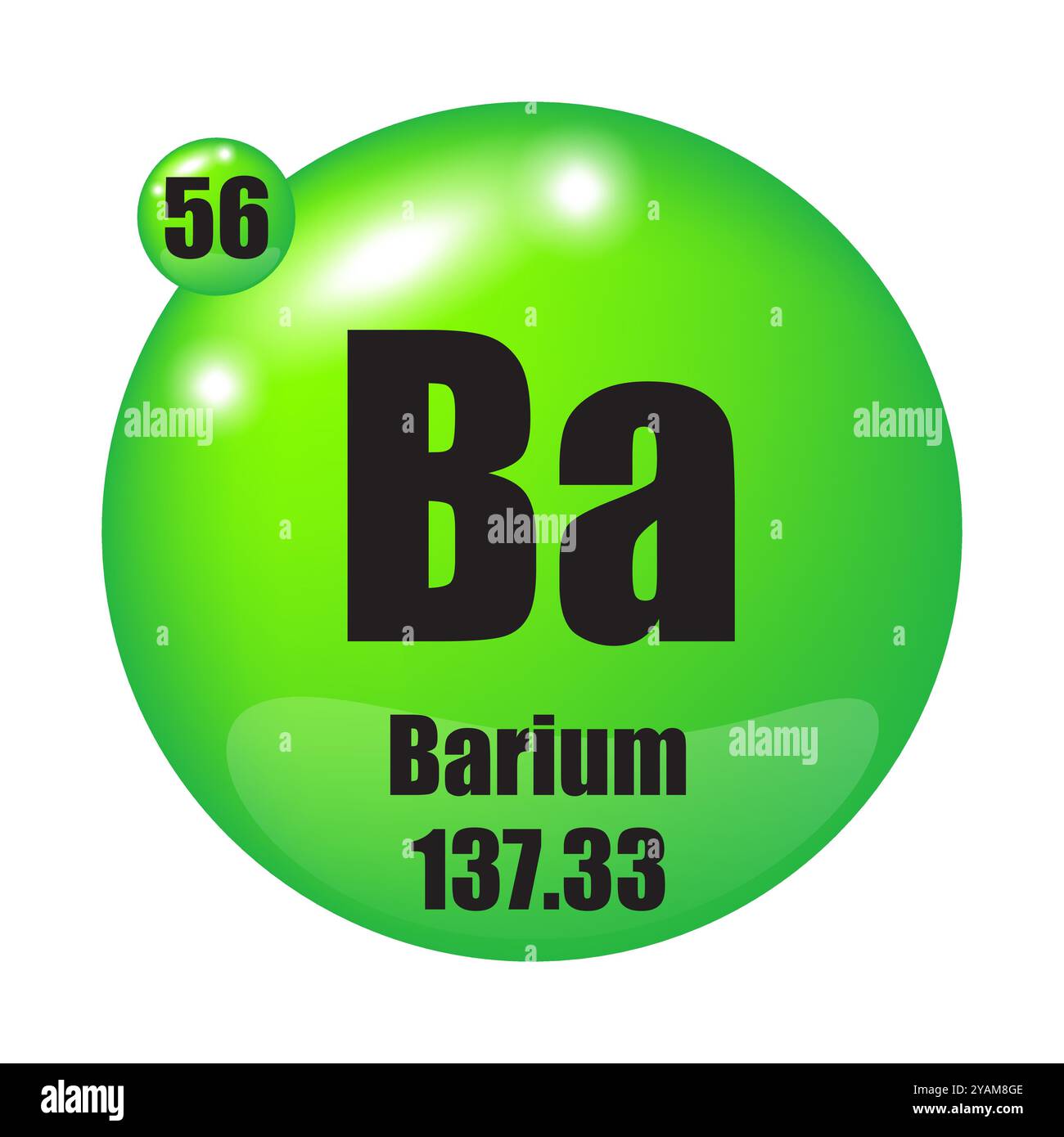 Icône baryum. Elément chimique BA. Numéro atomique 56. Masse 137.33. Image de sphère verte. Symbole vectoriel. Illustration de Vecteur