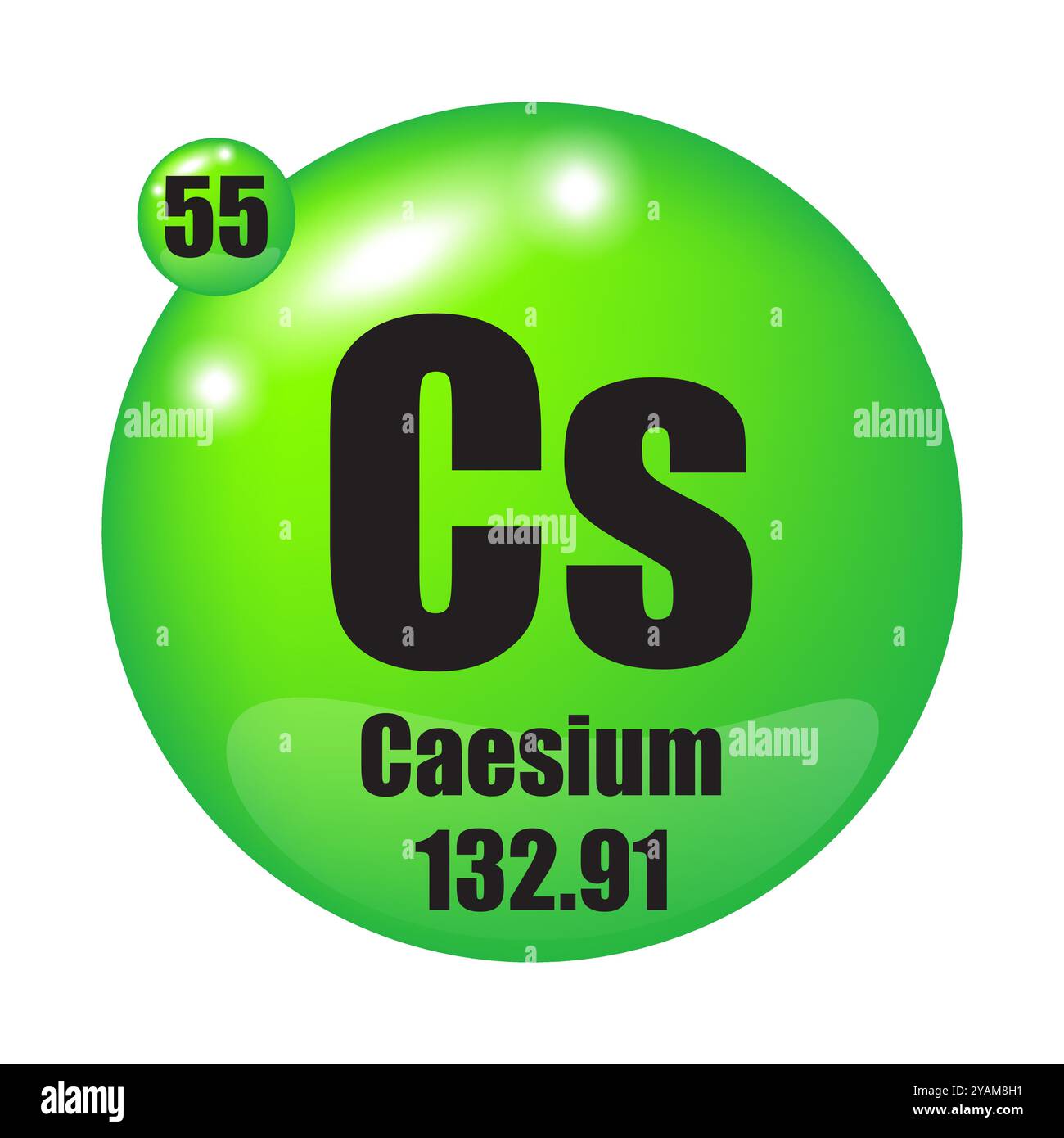 Icône CS. Elément césium. Numéro atomique 55. Masse 132.91. Fond de sphère vert. Symbole vectoriel. Illustration de Vecteur