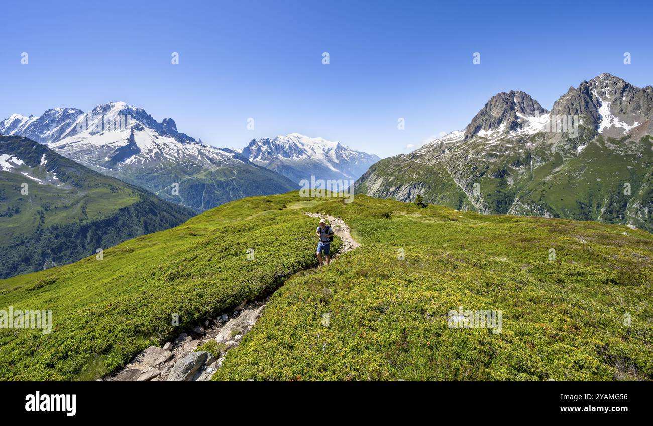 Alpiniste sur sentier de randonnée, panorama de montagne avec sommets glaciaires, aiguille verte avec aiguille du midi et Mont Blanc, randonnée à Aiguillette Banque D'Images