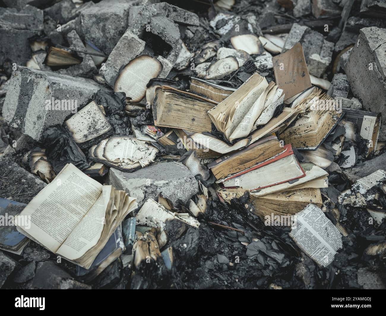 Livres dans une maison détruite après l'impact d'un missile le 19 avril, une famille survit avec des enfants au sous-sol, un voisin meurt dans l'attaque, Selido Banque D'Images