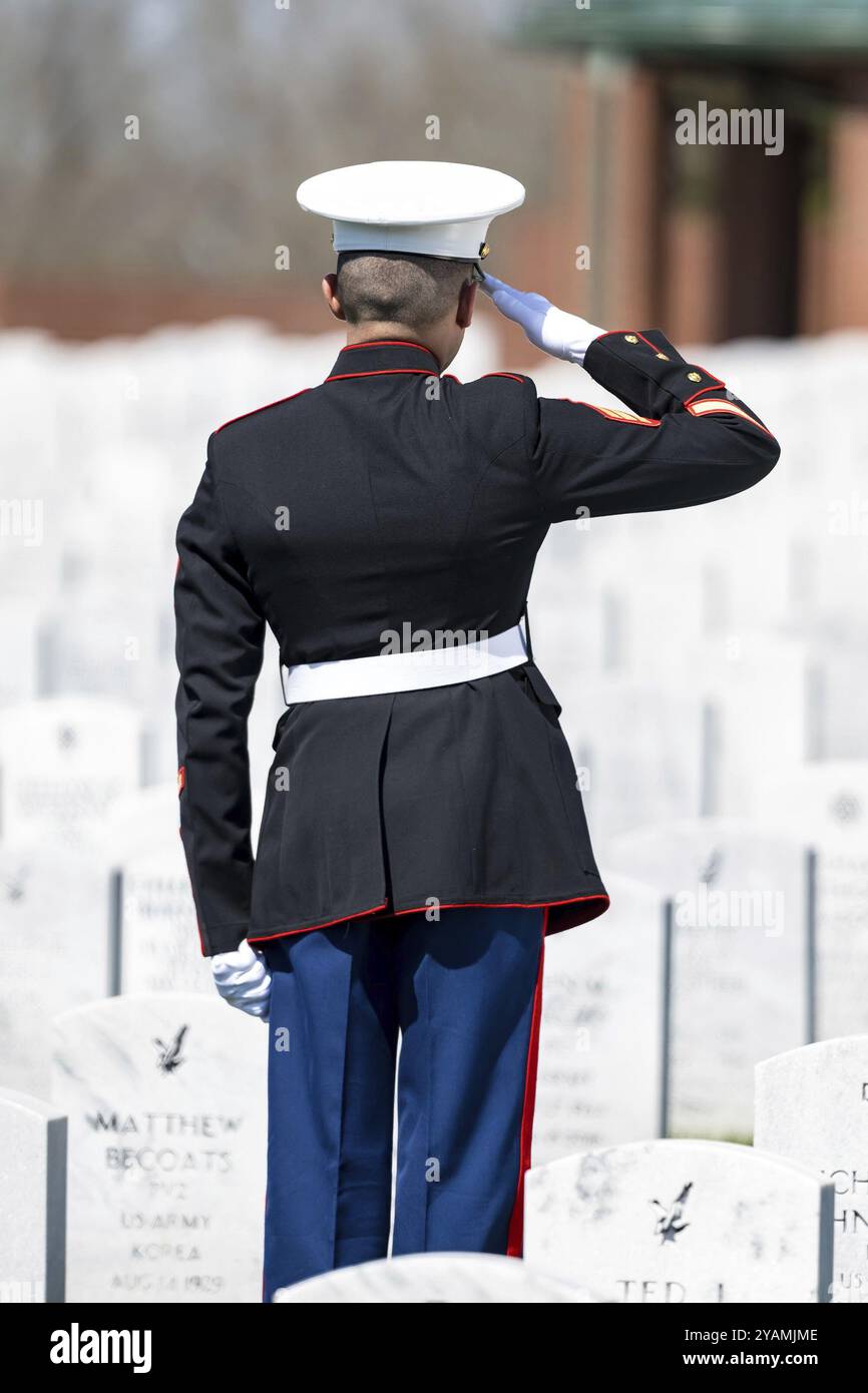 Un moment poignant se déroule alors qu'un Marine joue des robinets, honorant un vétéran déchu par un salut solennel, marquant son internement dans un ceme militaire national Banque D'Images