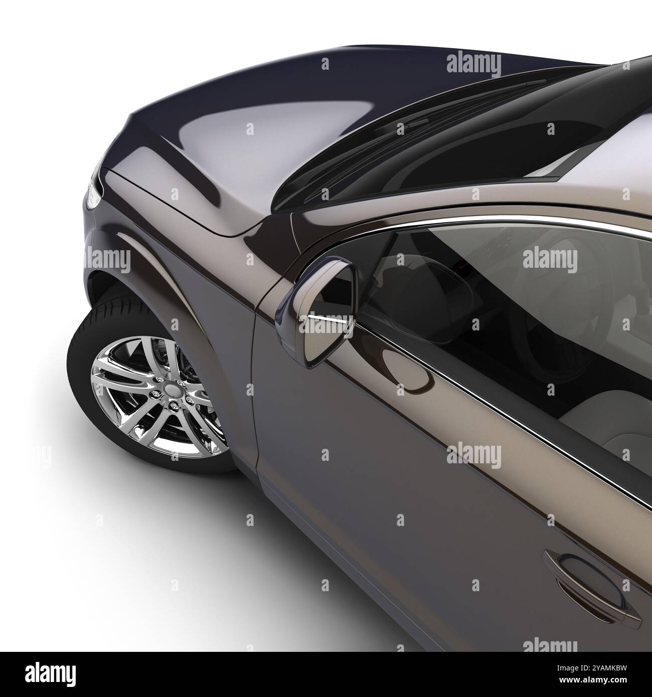 Vue dynamique de la voiture moderne depuis la porte du conducteur, juste au-dessus, sur fond blanc Banque D'Images