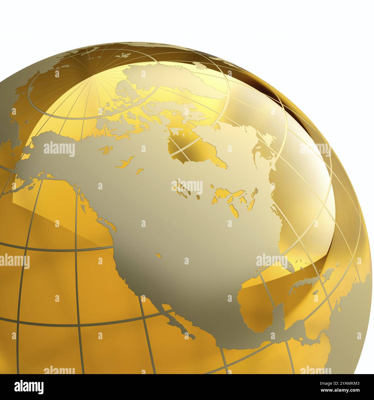 Globe ambre avec des continents dorés sur fond blanc. Détail Banque D'Images