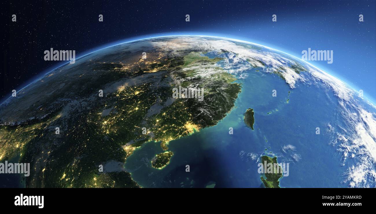 Une Terre très détaillée avec atmosphère, relief exagéré et villes inondées de lumière. Transition de la nuit au jour. Chine orientale et Taiwan. Rendu 3D. Banque D'Images