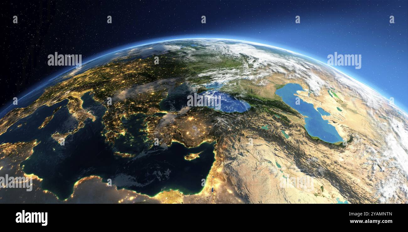 Une Terre très détaillée avec atmosphère, relief exagéré et villes inondées de lumière. Transition de la nuit au jour. Pays d'Europe et du moyen-Orient. 3D. Banque D'Images