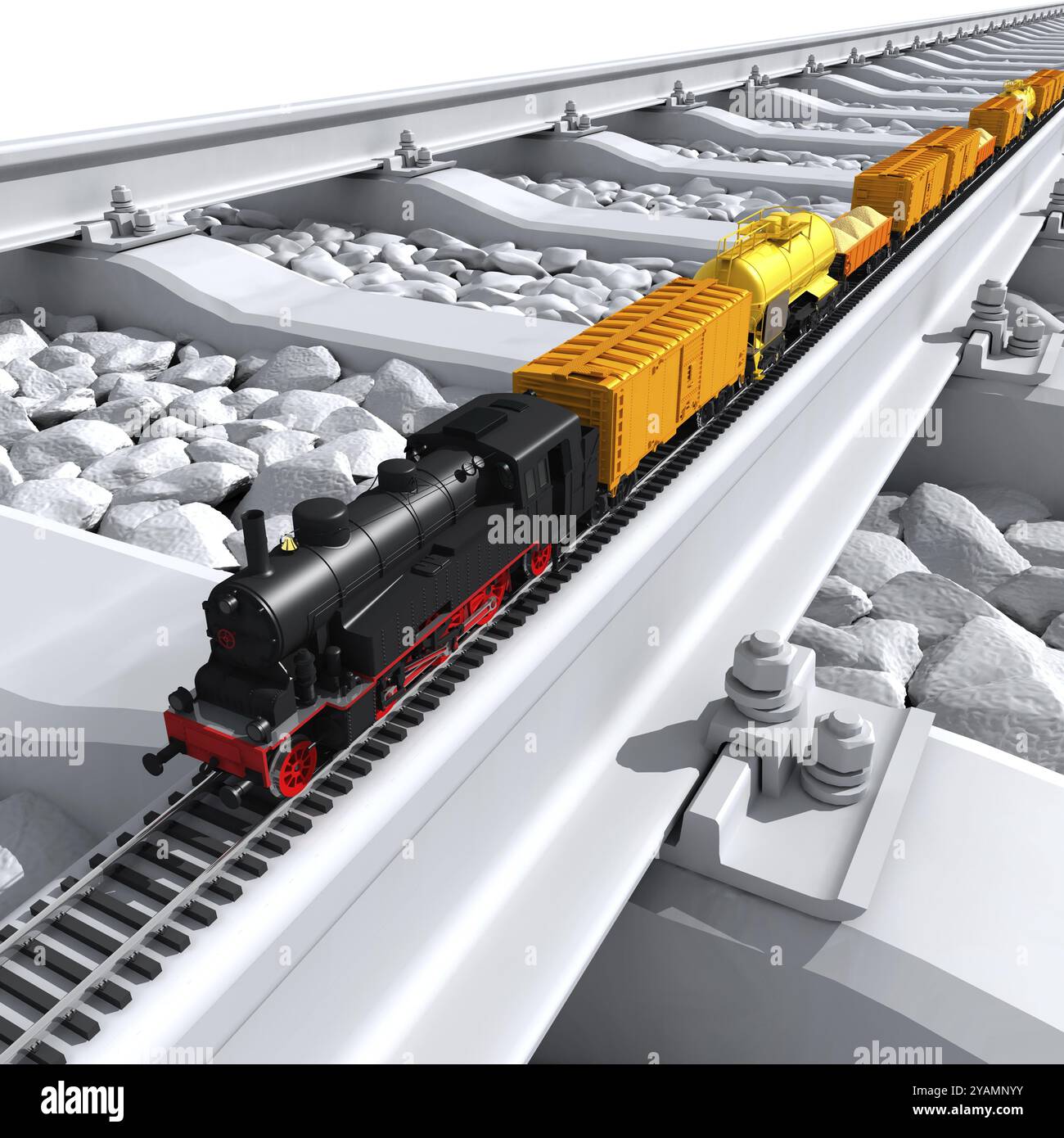 Une maquette miniature du train, une locomotive à vapeur, des wagons de chemin de fer, un réservoir, une plate-forme avec du sable, sur un rail pleine échelle Banque D'Images