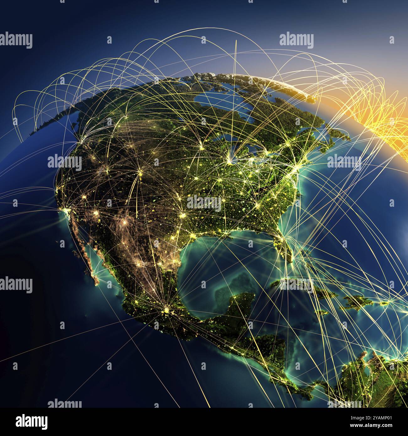 Planète Terre très détaillée la nuit avec des continents en relief, éclairés par la lumière des villes, l'océan translucide et réfléchissant. La terre est entourée Banque D'Images
