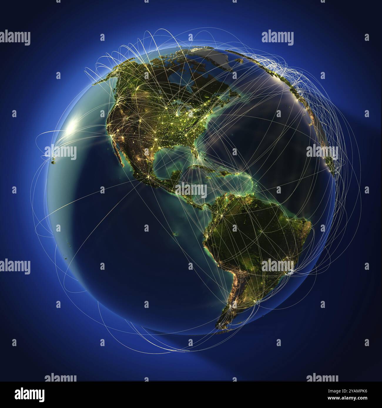 Planète Terre très détaillée la nuit, éclairée de derrière le soleil du soir, avec des continents en relief, illuminée par la lumière des villes, translucide et refl Banque D'Images