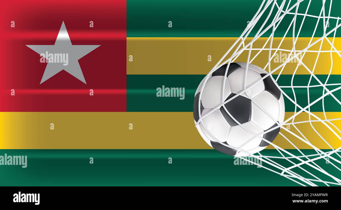 Football ou ballon de football dans Goal Net isolé sur Togo drapeau ombragé, équipement accessoire de sport pour jouer jeu, championnat et conception de compétition Illustration de Vecteur