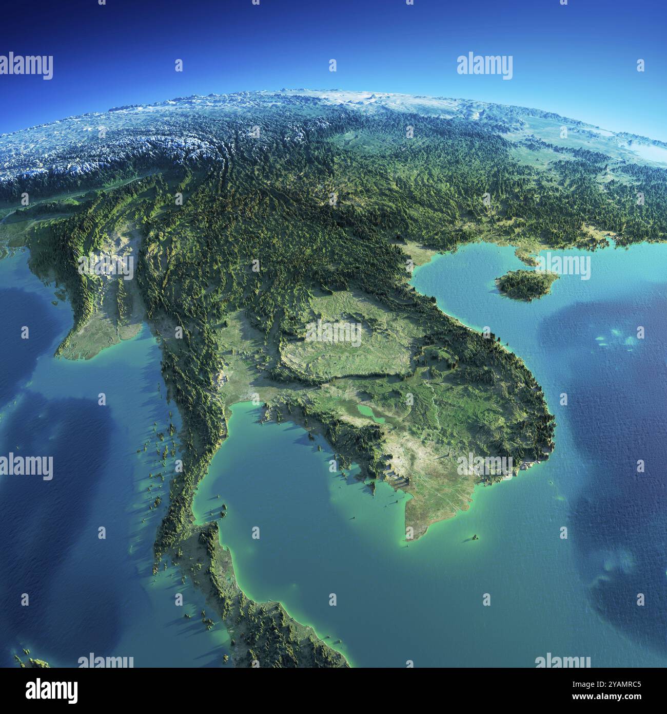 Planète Terre très détaillée dans la matinée. Un relief précis exagéré illuminait le soleil du matin. Terre détaillée. Péninsule d'Indochine. Éléments de cette image f Banque D'Images