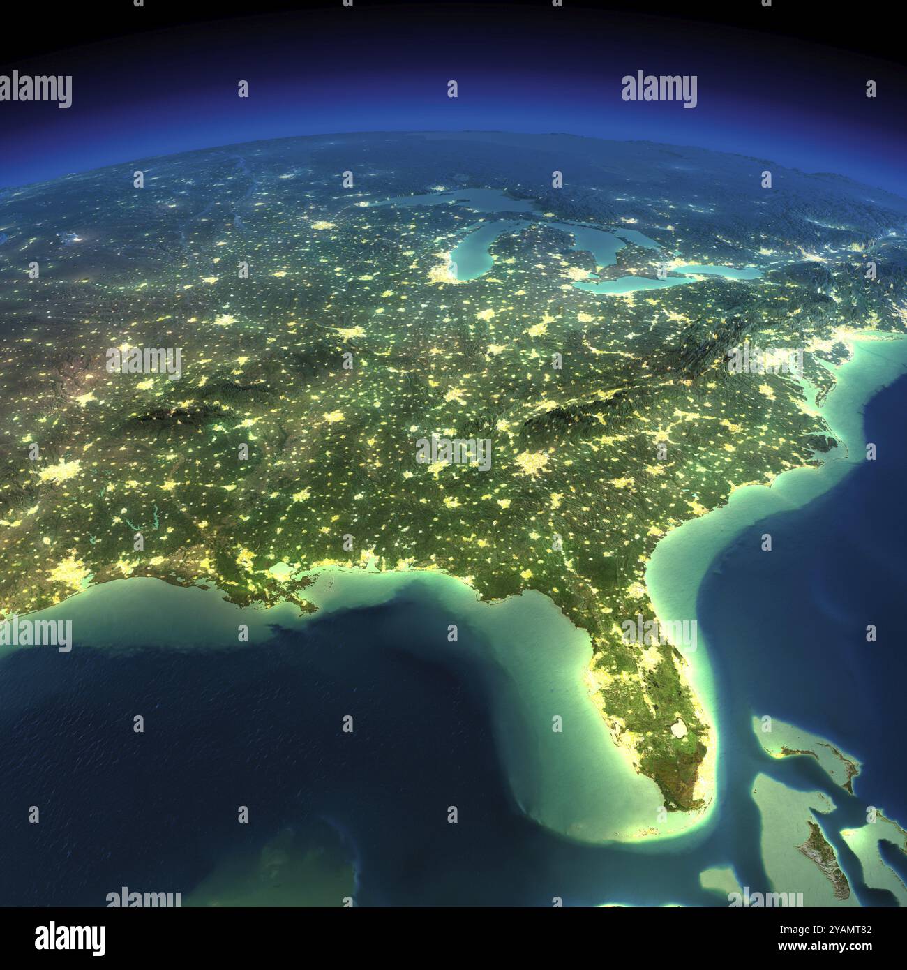 Terre très détaillée, éclairée par le clair de lune. La lueur des villes jette la lumière sur le terrain exagéré détaillé. Terre de nuit. Golfe du Mexique et F Banque D'Images