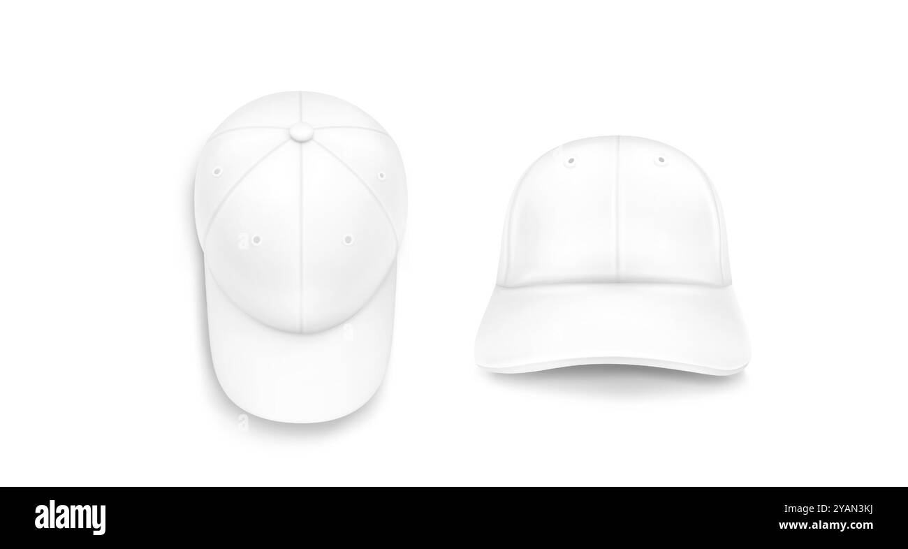 Maquette de casquette de baseball blanche vue avant et vue de dessus. Ensemble réaliste d'illustration vectorielle 3d de chapeau blanc avec modèle de visière pour la marque d'entreprise. Modèle d'accessoire pour uniforme de sport. Coiffure textile d'été. Illustration de Vecteur