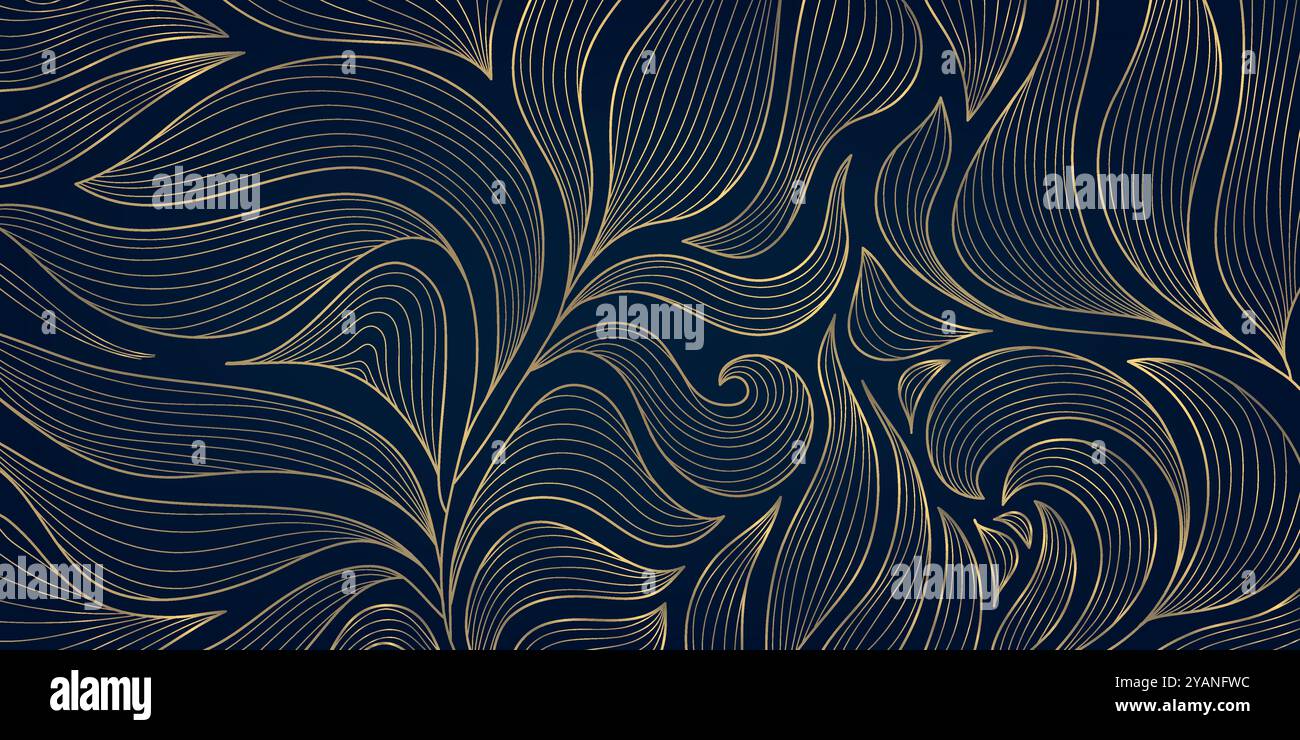 Vecteur art déco or sur motif de feuilles bleues, ligne de luxe fantaisie gatsby fond. Feuillage de jungle de style japonais, texture ondulée nouvelle, papier peint végétal Illustration de Vecteur