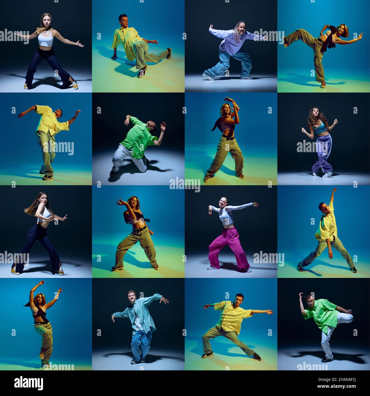 Collage. Différentes personnes, hommes et femmes dans des tenues élégantes ion motion, exécutant la danse hip hop sur fond dégradé dans la lumière néon Banque D'Images
