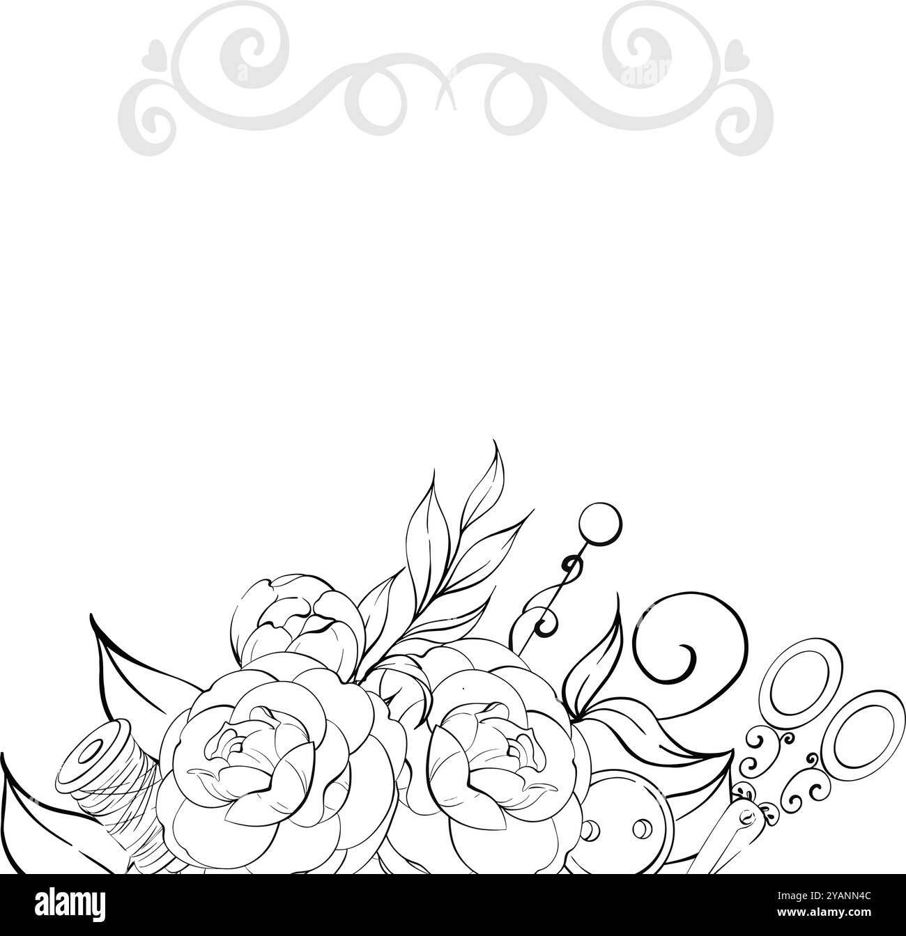 Ciseaux et bobine de fil avec des fleurs. Modèle d'outils de couture vintage, arrière-plan. Artisanat dans un style rétro. Vintage old fashion, tailleur pour Illustration de Vecteur